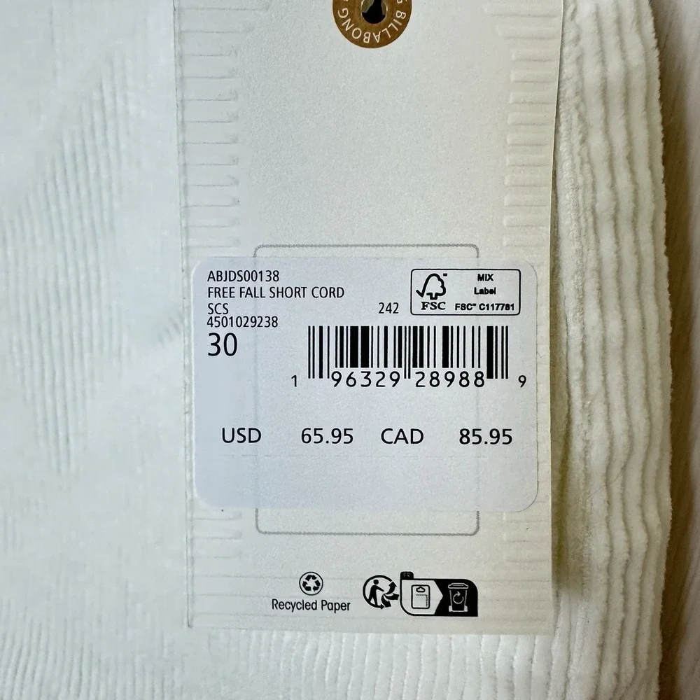 BILLABONG Free Fall Corduroy Shorts Womens Size 30 Salt Crystal Cream‎ Retro NWT - Picture 8 of 9